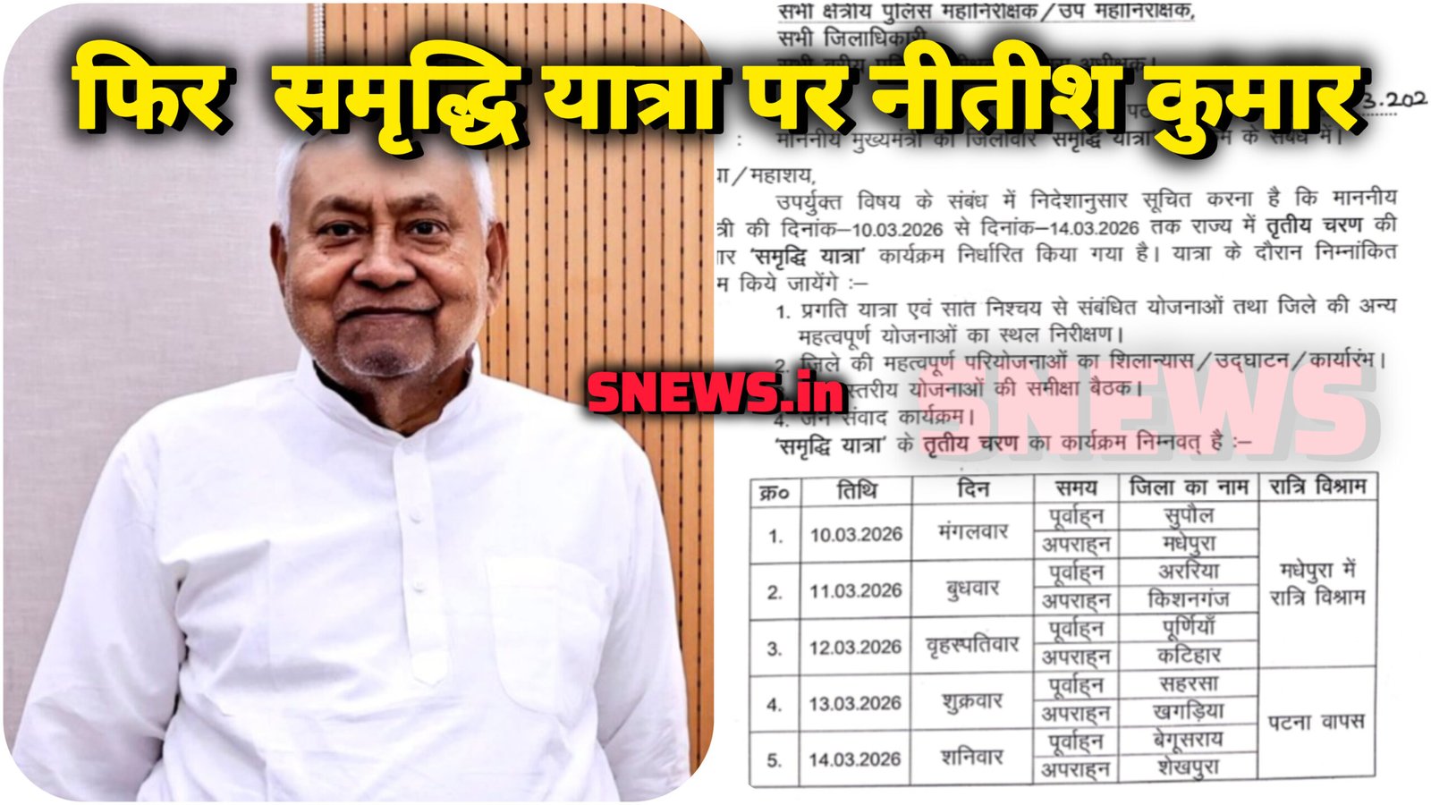 मुख्यमंत्री नीतीश कुमार 10 मार्च से फिर निकालेंगे ‘समृद्धि यात्रा’, सुपौल से होगा तीसरे चरण का शुभारंभ